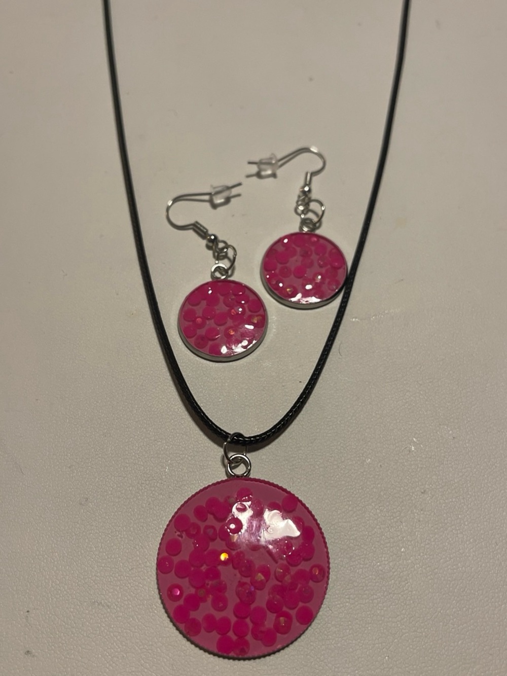 Pink Sequin Round Pendant Necklace and Earrings Set